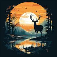 ciervo cabeza con cornamenta en el bosque con Dom. vector ilustración. t camisa diseño ai generado foto