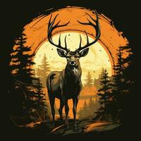 ciervo cabeza con cornamenta en el bosque con Dom. vector ilustración. t camisa diseño ai generado foto