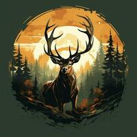 Deer head with antlers in the forest with sun. Vector illustration. t shirt design Ai Generated photo