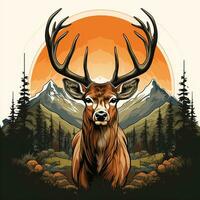 Deer head with antlers in the forest with sun. Vector illustration. t shirt design Ai Generated photo