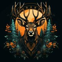 ciervo cabeza con cornamenta en el bosque con Dom. vector ilustración. t camisa diseño ai generado foto