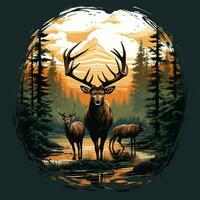 ciervo cabeza con cornamenta en el bosque con Dom. vector ilustración. t camisa diseño ai generado foto