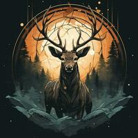 Deer head with antlers in the forest with sun. Vector illustration. t shirt design Ai Generated photo