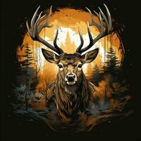 ciervo cabeza con cornamenta en el bosque con Dom. vector ilustración. t camisa diseño ai generado foto