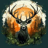 ciervo cabeza con cornamenta en el bosque con Dom. vector ilustración. t camisa diseño ai generado foto