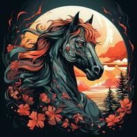 Horse on the background of the full moon. Vector illustration. Ai Generated photo