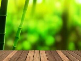 Wooden table on bamboo plant background ai generated photo