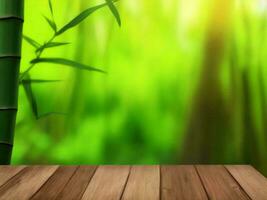 Wooden table on bamboo plant background ai generated photo