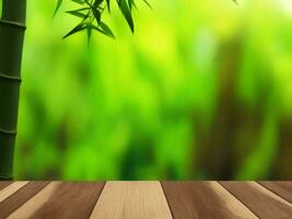 Wooden table on bamboo plant background ai generated photo