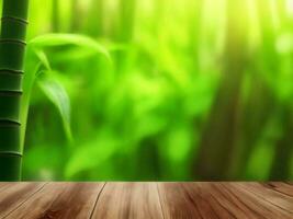 Wooden table on bamboo plant background ai generated photo