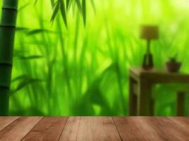 Wooden table on bamboo plant background ai generated photo