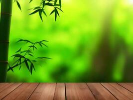 Wooden table on bamboo plant background ai generated photo