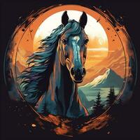 Horse on the background of the full moon. Vector illustration. Ai Generated photo