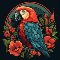 Parrot with flowers. Vector illustration for tattoo or t shirt design Ai Generated photo