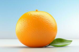 Orange fruit with green leaf on blue background. 3d illustration. Ai Generated photo