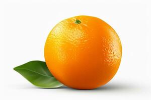 Orange fruit with green leaf on blue background. 3d illustration. Ai Generated photo