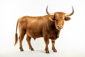 retrato de un marrón toro aislado en un blanco estudio antecedentes. ai generado foto
