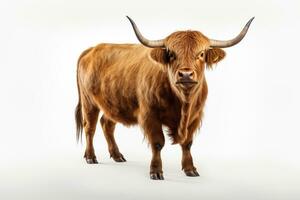 retrato de un marrón toro aislado en un blanco estudio antecedentes. ai generado foto