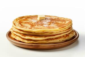 Stack of pancakes with butter on wooden plate isolated on white background. Ai Generated photo