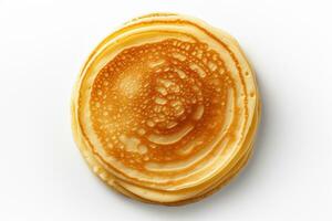 Stack of pancakes with butter on wooden plate isolated on white background. Ai Generated photo