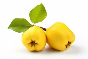 Yellow quince fruit with yellow flower isolated on a white background. Ai Generated photo