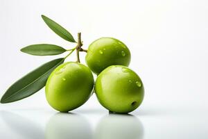 Green olives with leaves on a white background, close-up Ai Generated photo