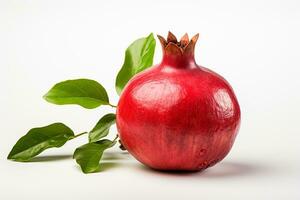 Pomegranate with green leaves on a white background, isolated Ai Generated photo