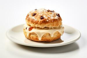 Scone with vanilla sauce and raisins on a white background Ai Generated photo