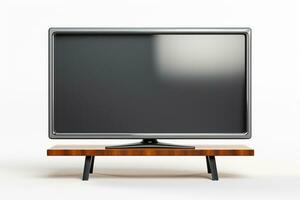 televisión en un de madera estar aislado en blanco antecedentes. 3d hacer ai generado foto
