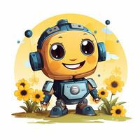 linda dibujos animados robot con auriculares y amarillo flores vector ilustración. ai generado foto