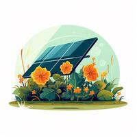 solar paneles y flores en el jardín vector ilustración. alternativa energía concepto. ai generado foto