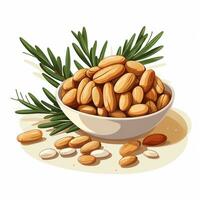 Pistachio nuts in wooden bowl with green leaves. Vector illustration. Ai Generated photo