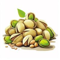 Pistachio nuts in wooden bowl with green leaves. Vector illustration. Ai Generated photo