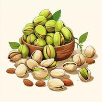 Pistachio nuts in wooden bowl with green leaves. Vector illustration. Ai Generated photo