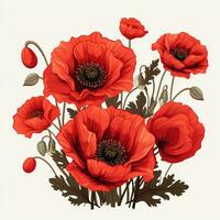 Red poppies bouquet on white background. Vector illustration. Ai Generated photo