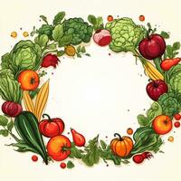 Vegetable round frame with fresh vegetables. Vector illustration for your design Ai Generated photo