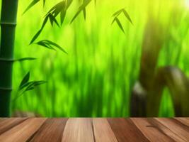 Wooden table on bamboo plant background ai generated photo