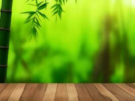 Wooden table on bamboo plant background ai generated photo