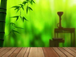 Wooden table on bamboo plant background ai generated photo