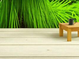 Wooden table on bamboo plant background ai generated photo