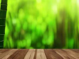 Wooden table on bamboo plant background ai generated photo