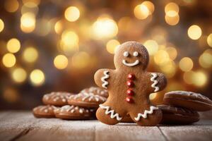 Gingerbread against a festive Christmas bokeh background AI Generated photo