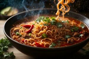 Tempting hot spicy noodles Generative AI photo