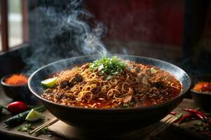 Mouth-watering  and tempting traditional spicy noodles photo