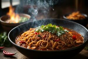 Mouth-watering  and tempting traditional spicy noodles photo