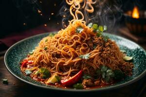 Mouth-watering  and tempting traditional spicy noodles photo