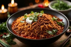 Mouth-watering  and tempting traditional spicy noodles photo