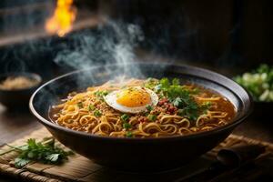 Mouth-watering and Tempting hot spicy noodles Generative AI photo