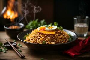 Mouth-watering and Tempting hot spicy noodles Generative AI photo