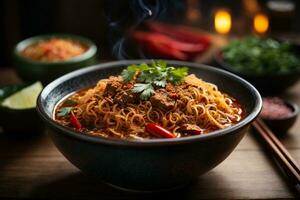 Mouth-watering and Tempting hot spicy noodles Generative AI photo